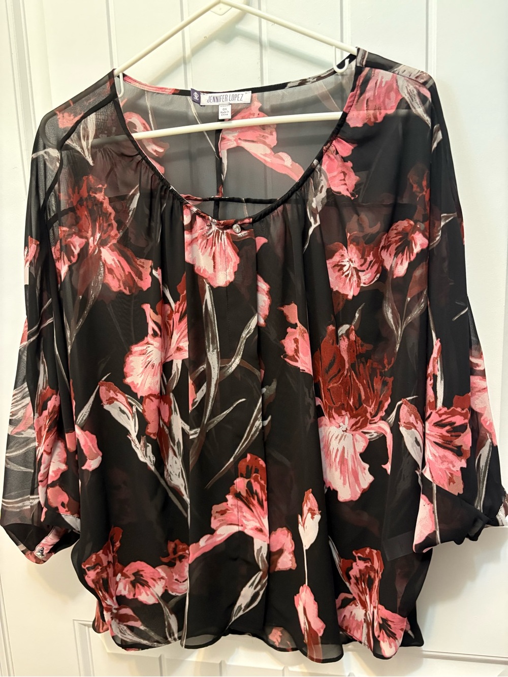 Jennifer Lopez Black Sheer Blouse with Pink Floral Print. Button up. Size OX.